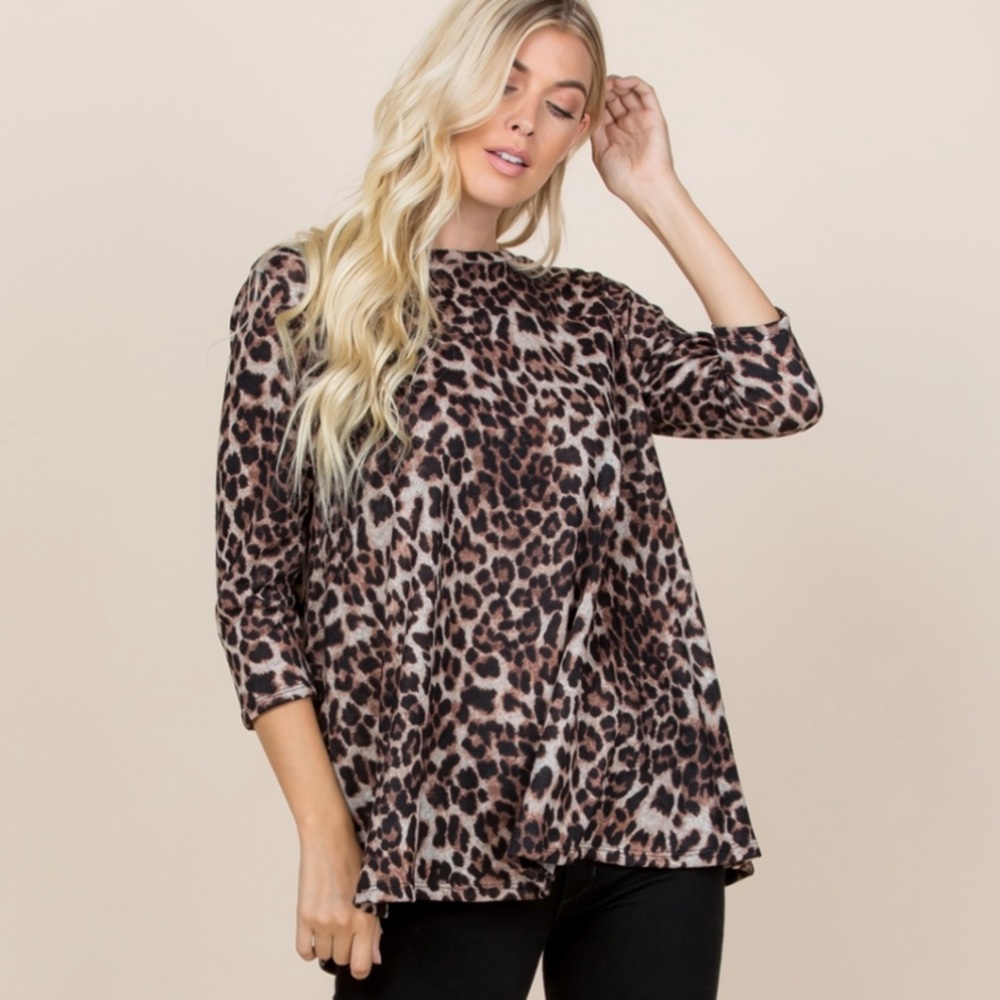 Leopard Print 3/4 Sleeve Loose Fit Blouse